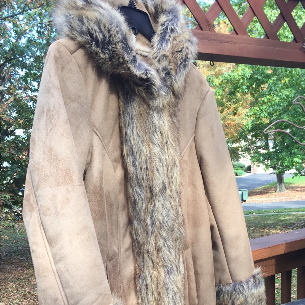 Full length faux fur and faux suede coat
